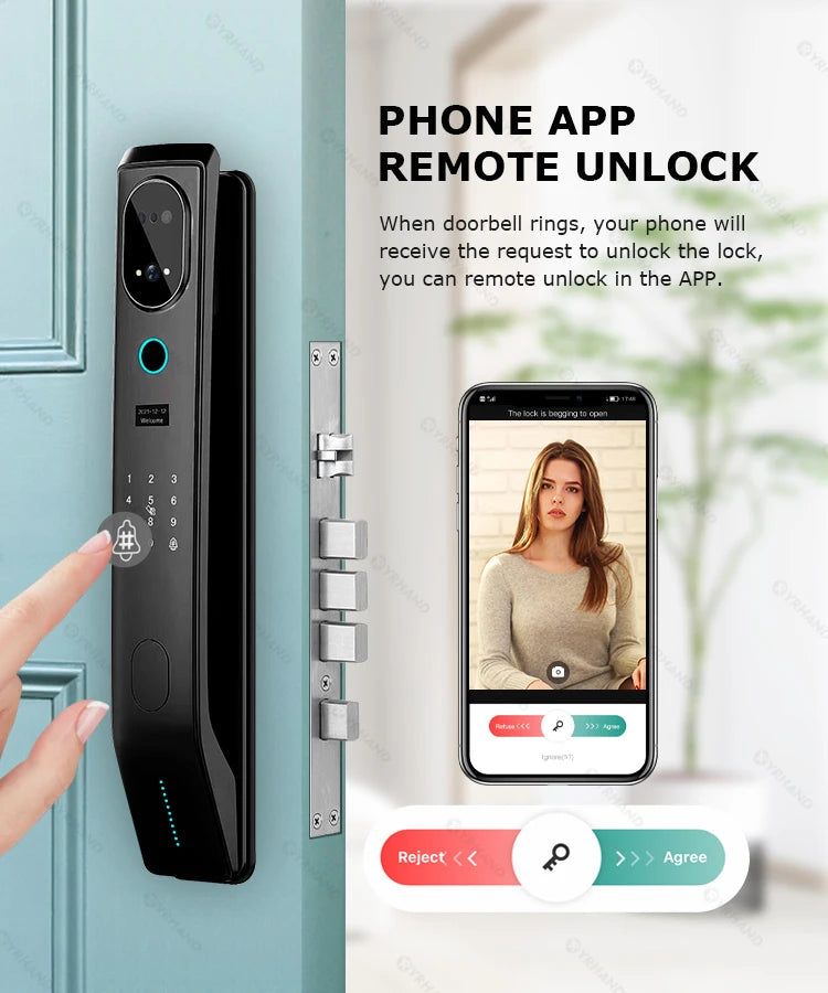 YRHAND V8 From Mexico cerradura inteligente Electrónica Tuya WiFi Waterpoof 3D face Unlock Intercom Smart Door Lock For home