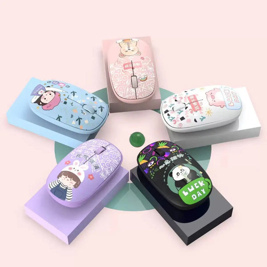 Wireless Cartoon Mouse 2.4g USB Bluetooth Optional Kawaii Mice Silent Computer Gamer Mouse for Laptop Pc Patterns Shipped Randomly.