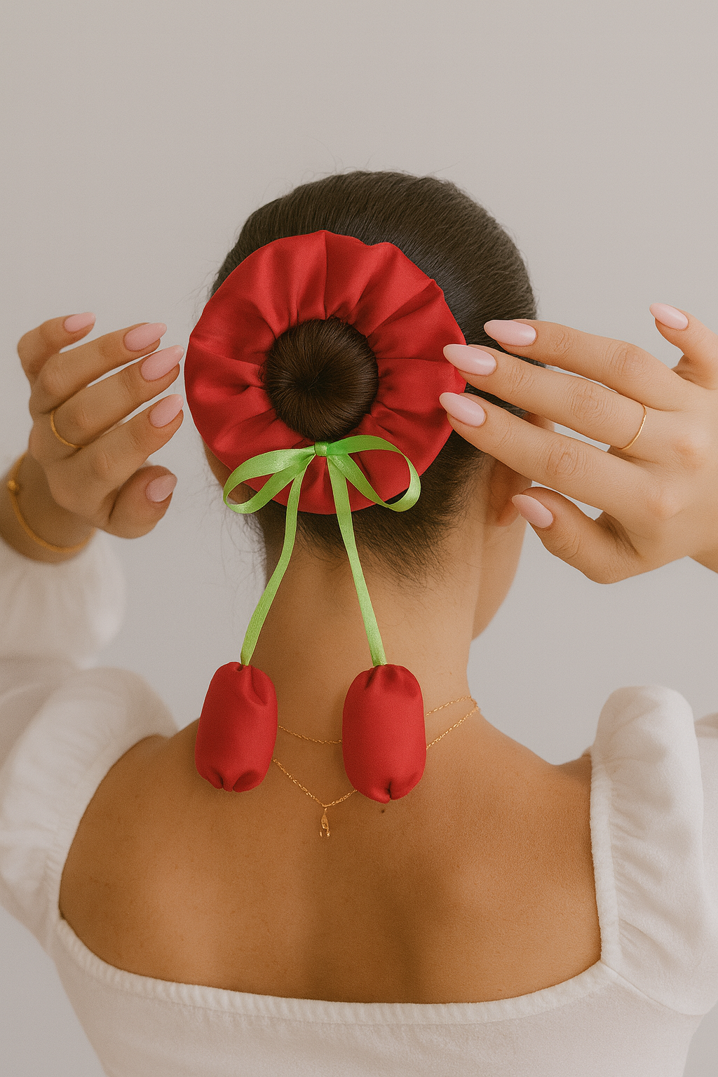 Scrunchie Seda Francia con Capullos rojo