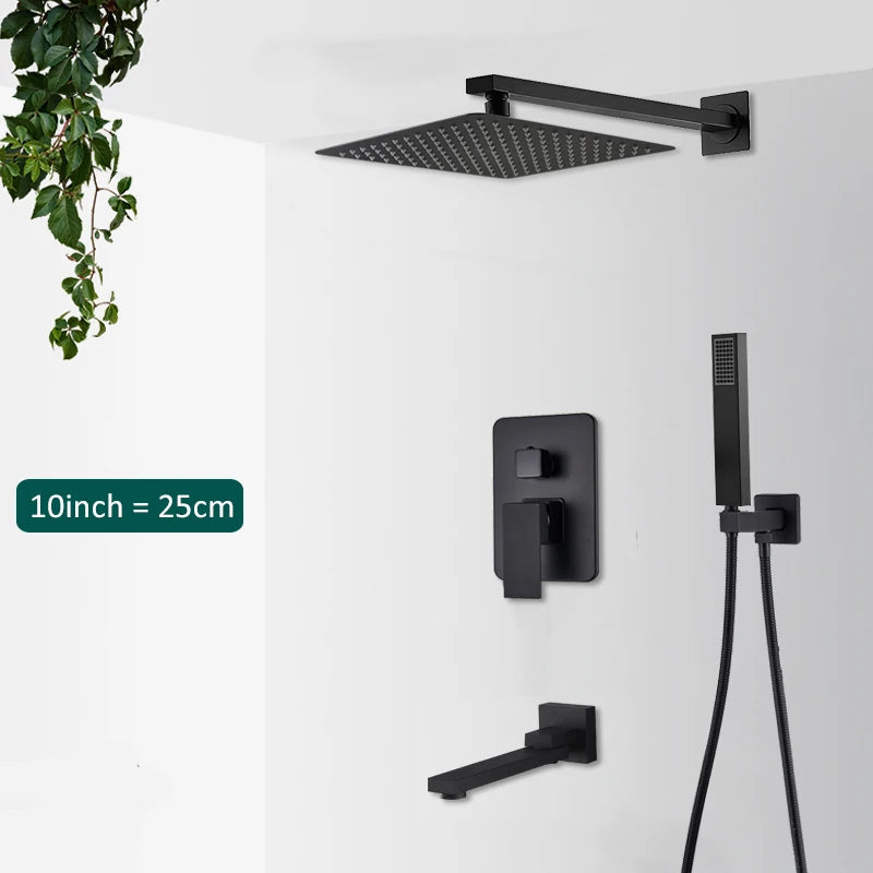 Black Concealed Shower System Rain Waterfall Bathroom Embedded Shower Faucet Set with Tub Spout