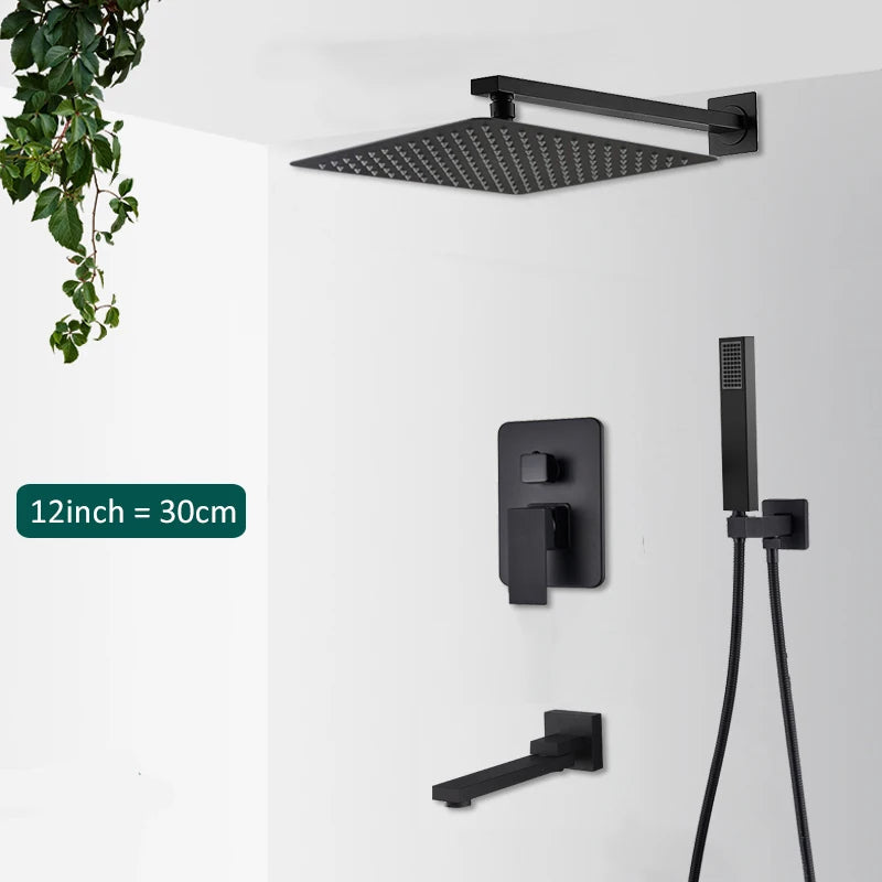 Black Concealed Shower System Rain Waterfall Bathroom Embedded Shower Faucet Set with Tub Spout