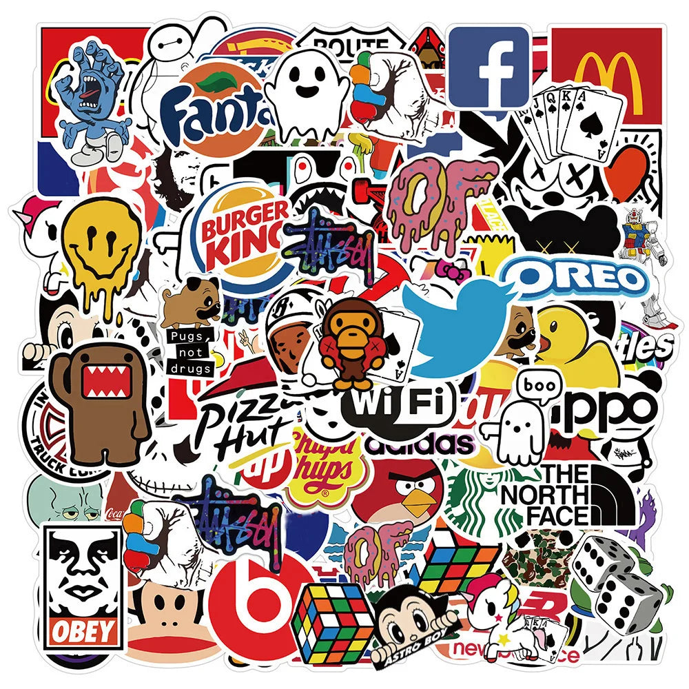 10/30/50/101pcs Cool Brand Logo Stickers Decal Skateboard Phone Car Guitar Luggage Wall DIY Waterproof Graffiti Sticker Kids Toy