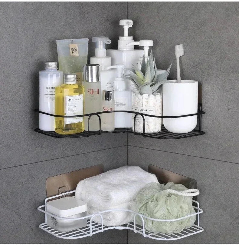 Corner StoraBathroom Organizer Shelf Wall Mounted Corner Storage Shelves Shampoo Holder Cosmetic Rack Iron Shower Drain Basket