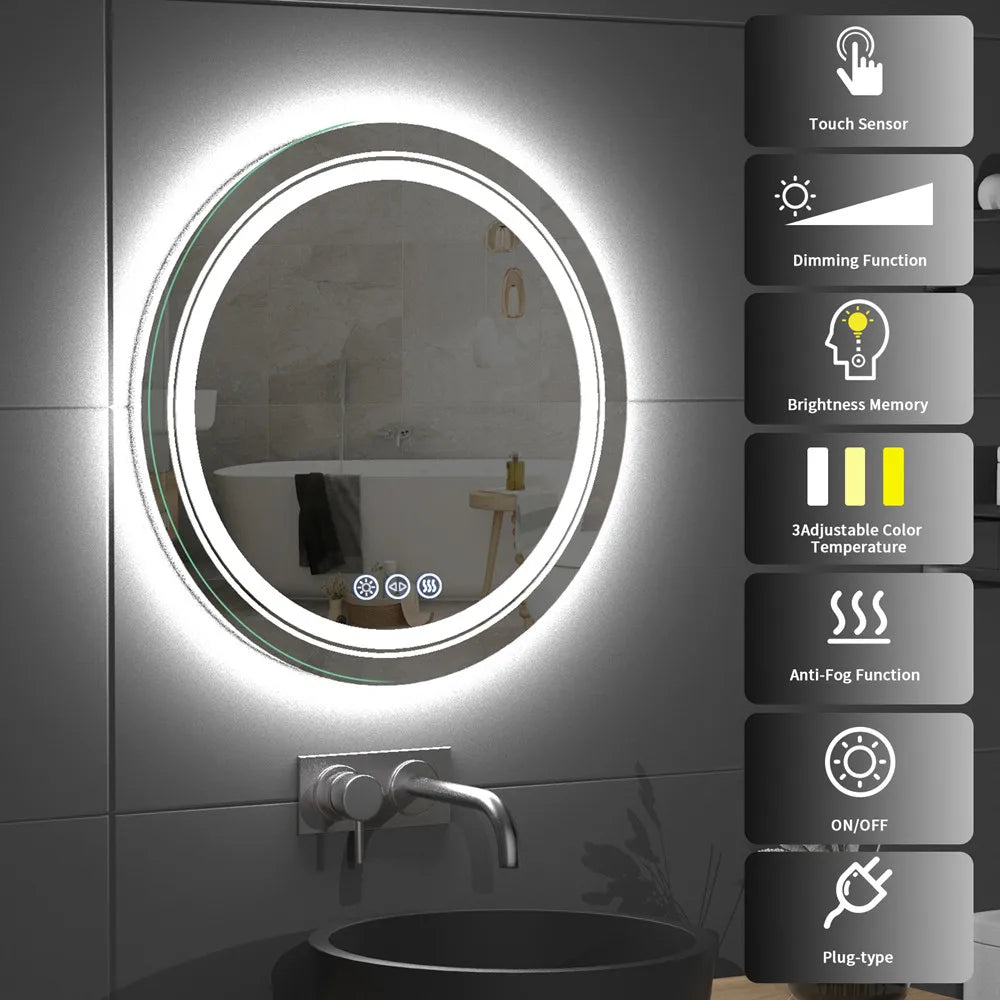 LUVODI Round Smart Mirror Bathroom Illuminate Waterproof Wash Basin Shower Vanity Mirror with Touch Screen