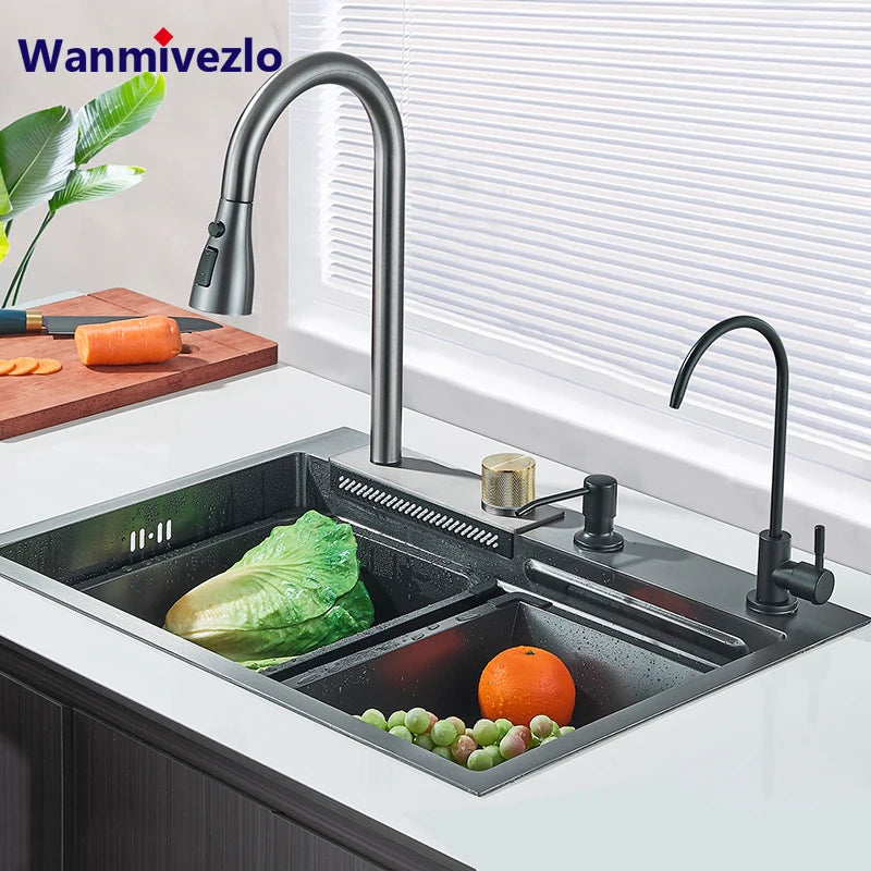 304 Stainless Steel Waterfall Kitchen Sink Sink Large Single basin With Large Single Slot Sink Above Counter With Cup Disher