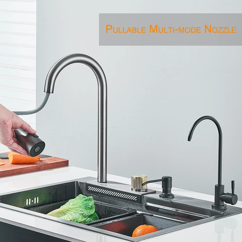 304 Stainless Steel Waterfall Kitchen Sink Sink Large Single basin With Large Single Slot Sink Above Counter With Cup Disher