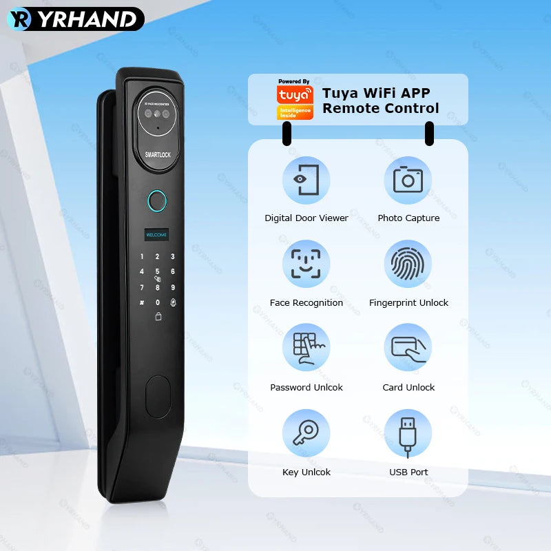 YRHAND V8 From Mexico cerradura inteligente Electrónica Tuya WiFi Waterpoof 3D face Unlock Intercom Smart Door Lock For home