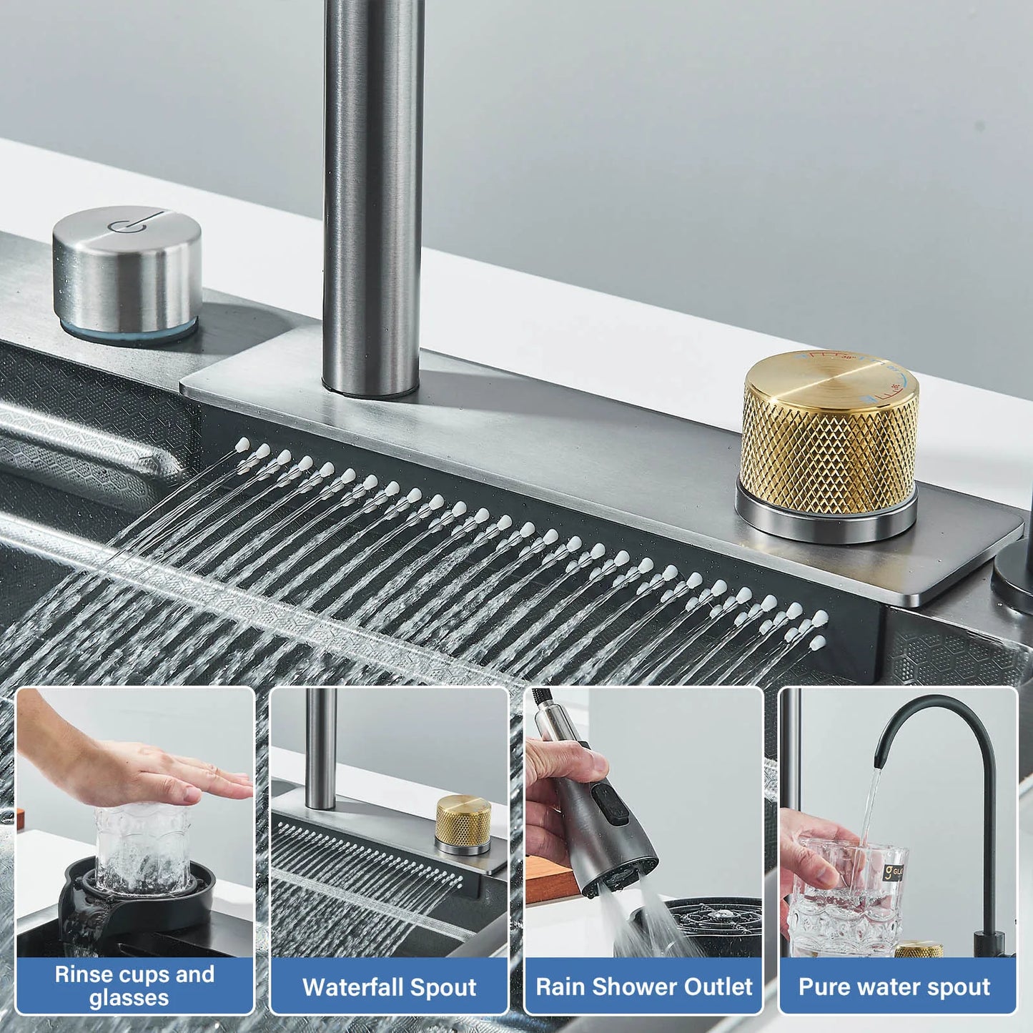 304 Stainless Steel Waterfall Kitchen Sink Sink Large Single basin With Large Single Slot Sink Above Counter With Cup Disher