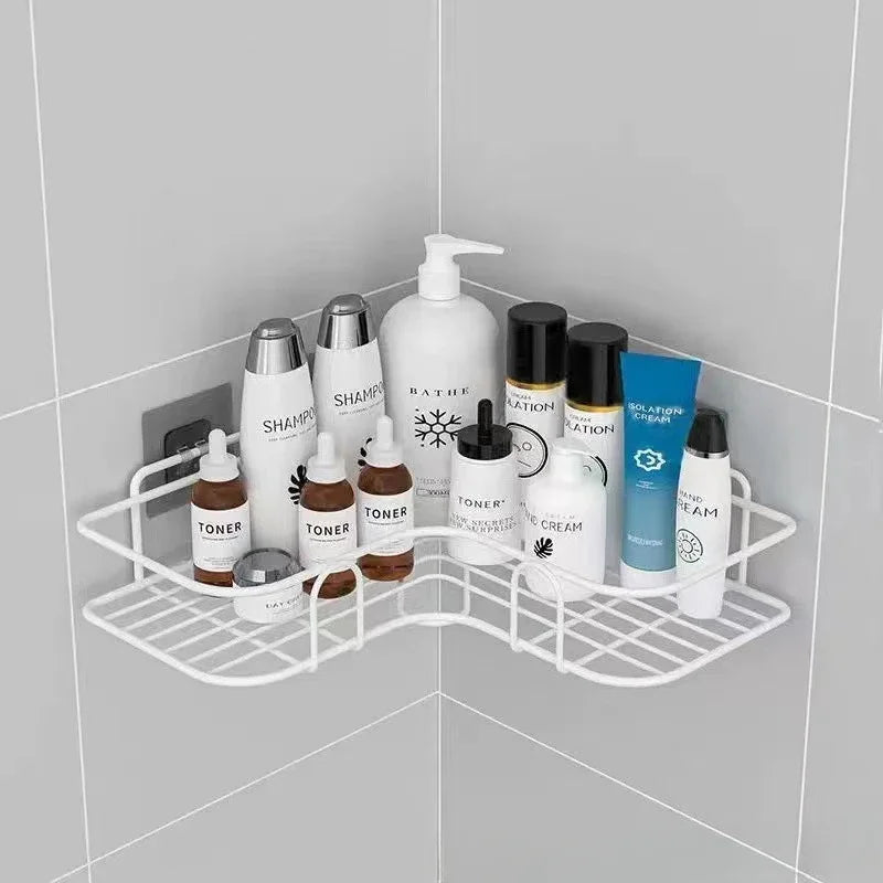 Corner StoraBathroom Organizer Shelf Wall Mounted Corner Storage Shelves Shampoo Holder Cosmetic Rack Iron Shower Drain Basket