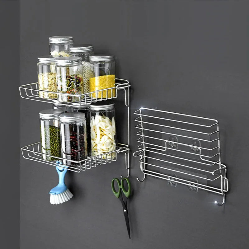 Bathroom Stainless Steel Storage Rack Multi-layer Kitchen Organizer Multi-function Folding Storage Shelf No Hole Punching