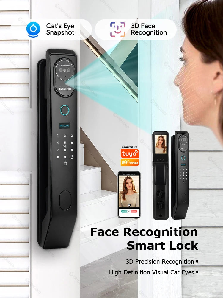 YRHAND V8 From Mexico cerradura inteligente Electrónica Tuya WiFi Waterpoof 3D face Unlock Intercom Smart Door Lock For home