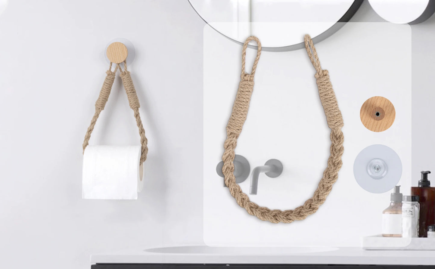 Nail-free Woven hemp rope Paper Towel Holders Rack Bathroom Towel Hook Toilet Paper Holder Towel Rack Beige Hemp Color