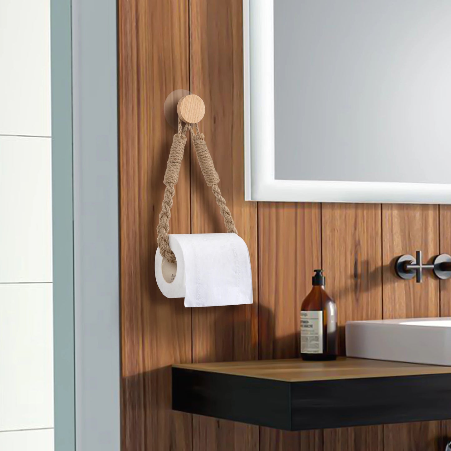 Nail-free Woven hemp rope Paper Towel Holders Rack Bathroom Towel Hook Toilet Paper Holder Towel Rack Beige Hemp Color