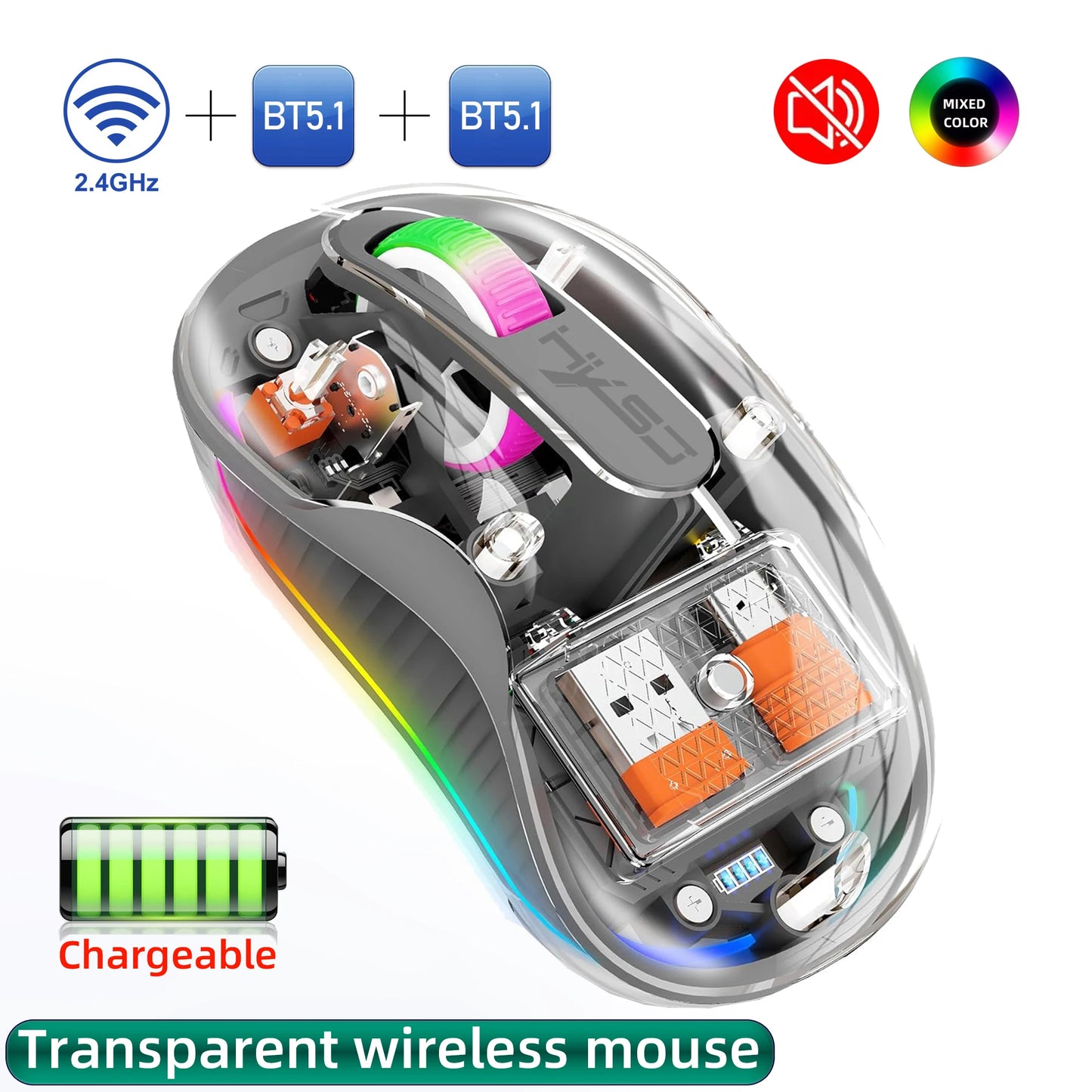 New Fully Bluetooth Wireless Transparent Mouse Tri-mode Magnetic Suction Mute Rechargeable Led Lamp Intelligence Office Gift