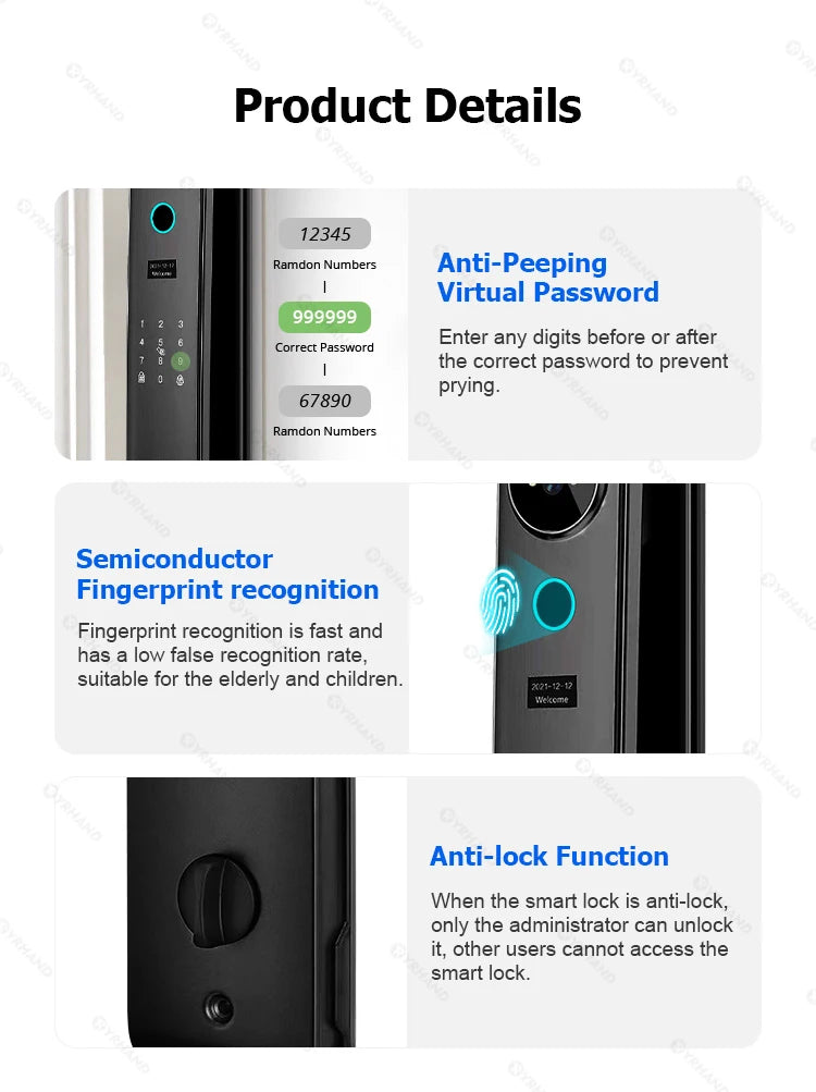 YRHAND V8 From Mexico cerradura inteligente Electrónica Tuya WiFi Waterpoof 3D face Unlock Intercom Smart Door Lock For home