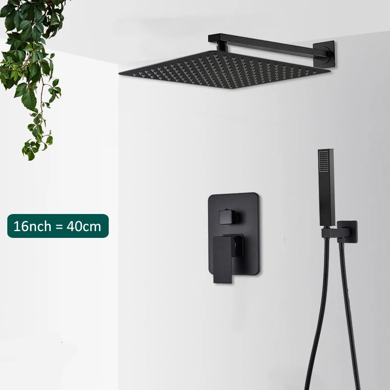 Black Concealed Shower System Rain Waterfall Bathroom Embedded Shower Faucet Set with Tub Spout