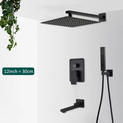 Black Concealed Shower System Rain Waterfall Bathroom Embedded Shower Faucet Set with Tub Spout