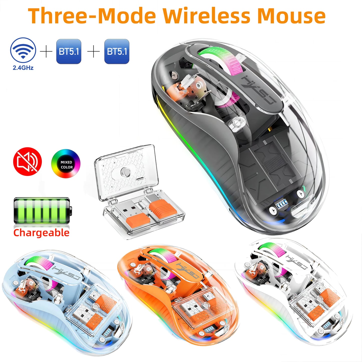 New Fully Bluetooth Wireless Transparent Mouse Tri-mode Magnetic Suction Mute Rechargeable Led Lamp Intelligence Office Gift