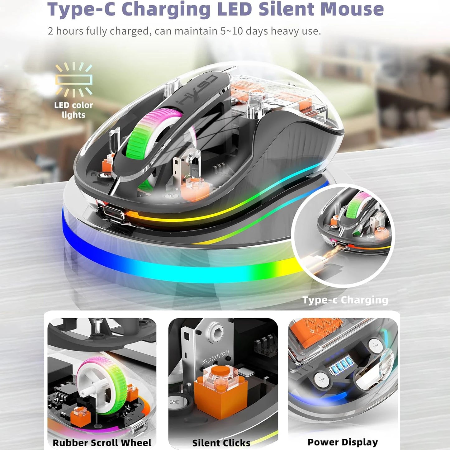 New Fully Bluetooth Wireless Transparent Mouse Tri-mode Magnetic Suction Mute Rechargeable Led Lamp Intelligence Office Gift