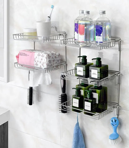 Bathroom Stainless Steel Storage Rack Multi-layer Kitchen Organizer Multi-function Folding Storage Shelf No Hole Punching
