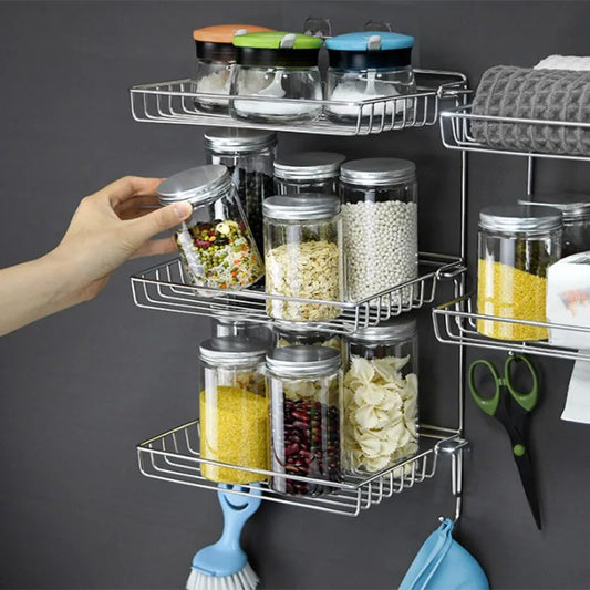 Bathroom Stainless Steel Storage Rack Multi-layer Kitchen Organizer Multi-function Folding Storage Shelf No Hole Punching
