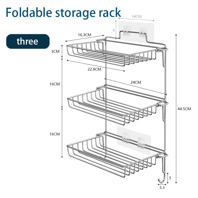 Bathroom Stainless Steel Storage Rack Multi-layer Kitchen Organizer Multi-function Folding Storage Shelf No Hole Punching