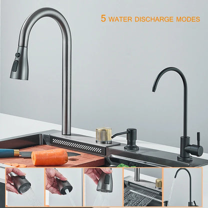 304 Stainless Steel Waterfall Kitchen Sink Sink Large Single basin With Large Single Slot Sink Above Counter With Cup Disher