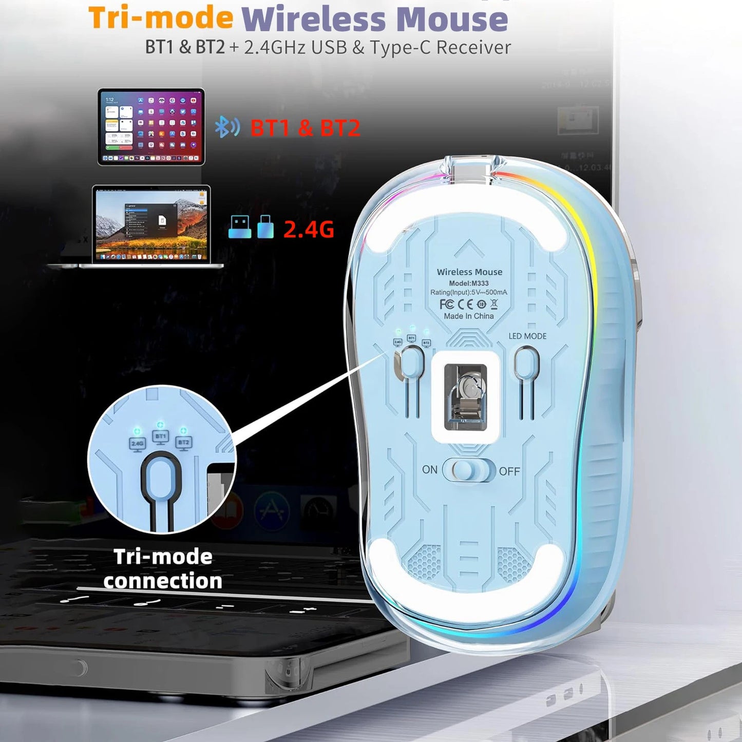 New Fully Bluetooth Wireless Transparent Mouse Tri-mode Magnetic Suction Mute Rechargeable Led Lamp Intelligence Office Gift