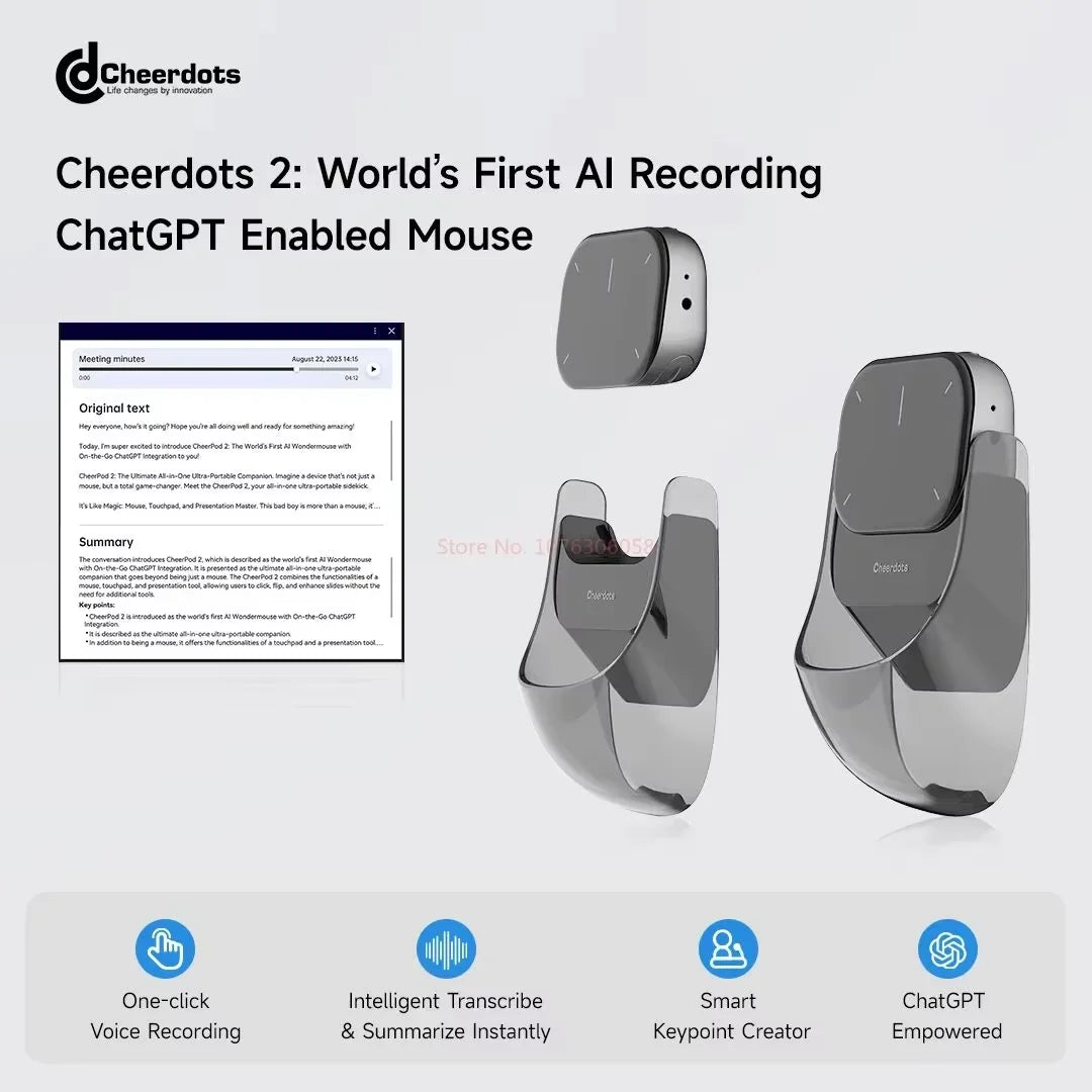 Cheerdots 2 Detachable Air Mouse Wireless Touchpad All-in-one Pocket AI Recording Enabled Mouse Wireless Controll ChatGpt Office