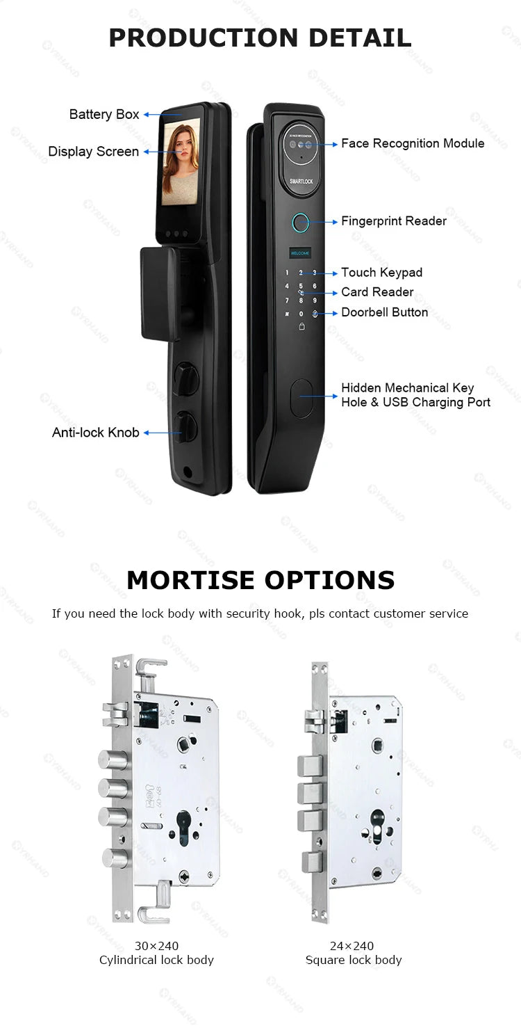 YRHAND V8 From Mexico cerradura inteligente Electrónica Tuya WiFi Waterpoof 3D face Unlock Intercom Smart Door Lock For home