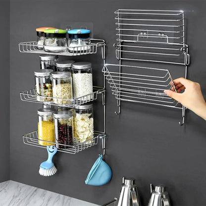 Bathroom Stainless Steel Storage Rack Multi-layer Kitchen Organizer Multi-function Folding Storage Shelf No Hole Punching