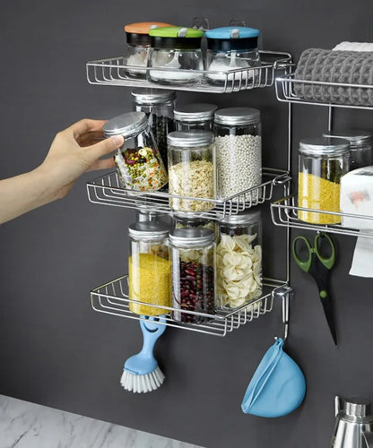 Bathroom Stainless Steel Storage Rack Multi-layer Kitchen Organizer Multi-function Folding Storage Shelf No Hole Punching