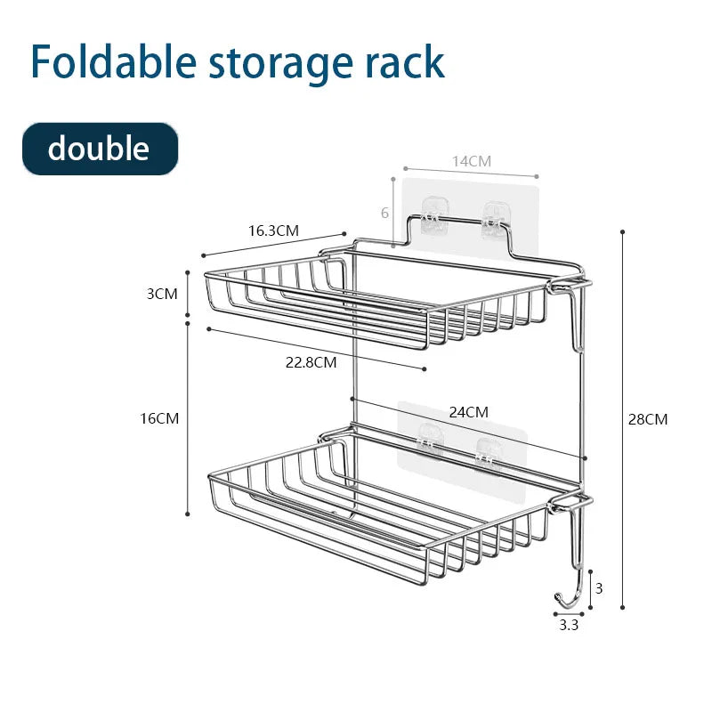 Bathroom Stainless Steel Storage Rack Multi-layer Kitchen Organizer Multi-function Folding Storage Shelf No Hole Punching