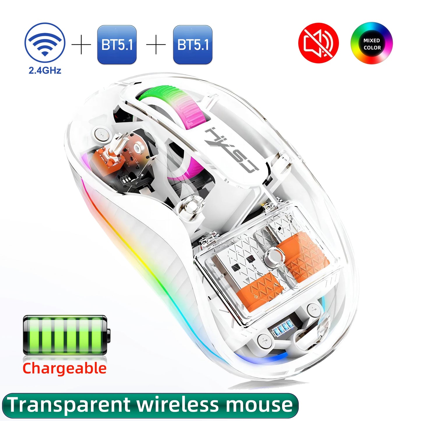 New Fully Bluetooth Wireless Transparent Mouse Tri-mode Magnetic Suction Mute Rechargeable Led Lamp Intelligence Office Gift