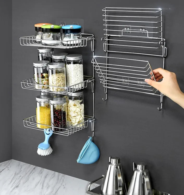 Bathroom Stainless Steel Storage Rack Multi-layer Kitchen Organizer Multi-function Folding Storage Shelf No Hole Punching