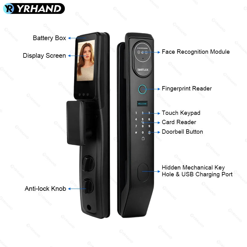 YRHAND V8 From Mexico cerradura inteligente Electrónica Tuya WiFi Waterpoof 3D face Unlock Intercom Smart Door Lock For home