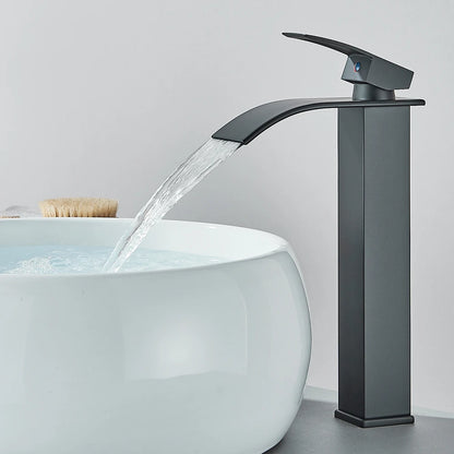 Quyanre Matte Black Waterfall Basin Faucet Single Handle Mixer Hot Cold Water Basin Crane Tap For Bathroom Wash Basin Mixer Tap