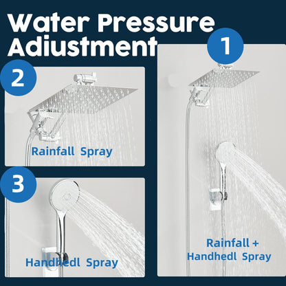 Shower Head Combo 8-12Inch High Pressure Rain Shower Head with Adjustable Extension Arm With 3-way Handheld Shower Spray