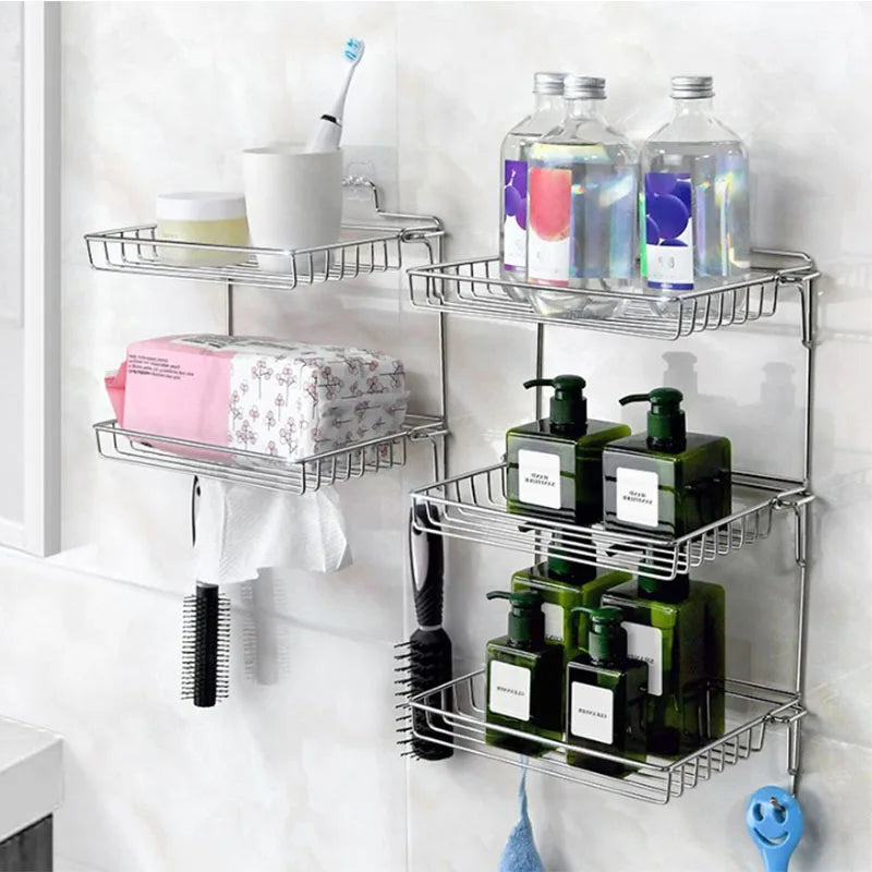 Bathroom Stainless Steel Storage Rack Multi-layer Kitchen Organizer Multi-function Folding Storage Shelf No Hole Punching
