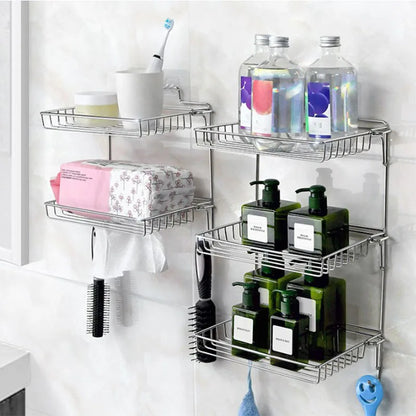 Bathroom Stainless Steel Storage Rack Multi-layer Kitchen Organizer Multi-function Folding Storage Shelf No Hole Punching